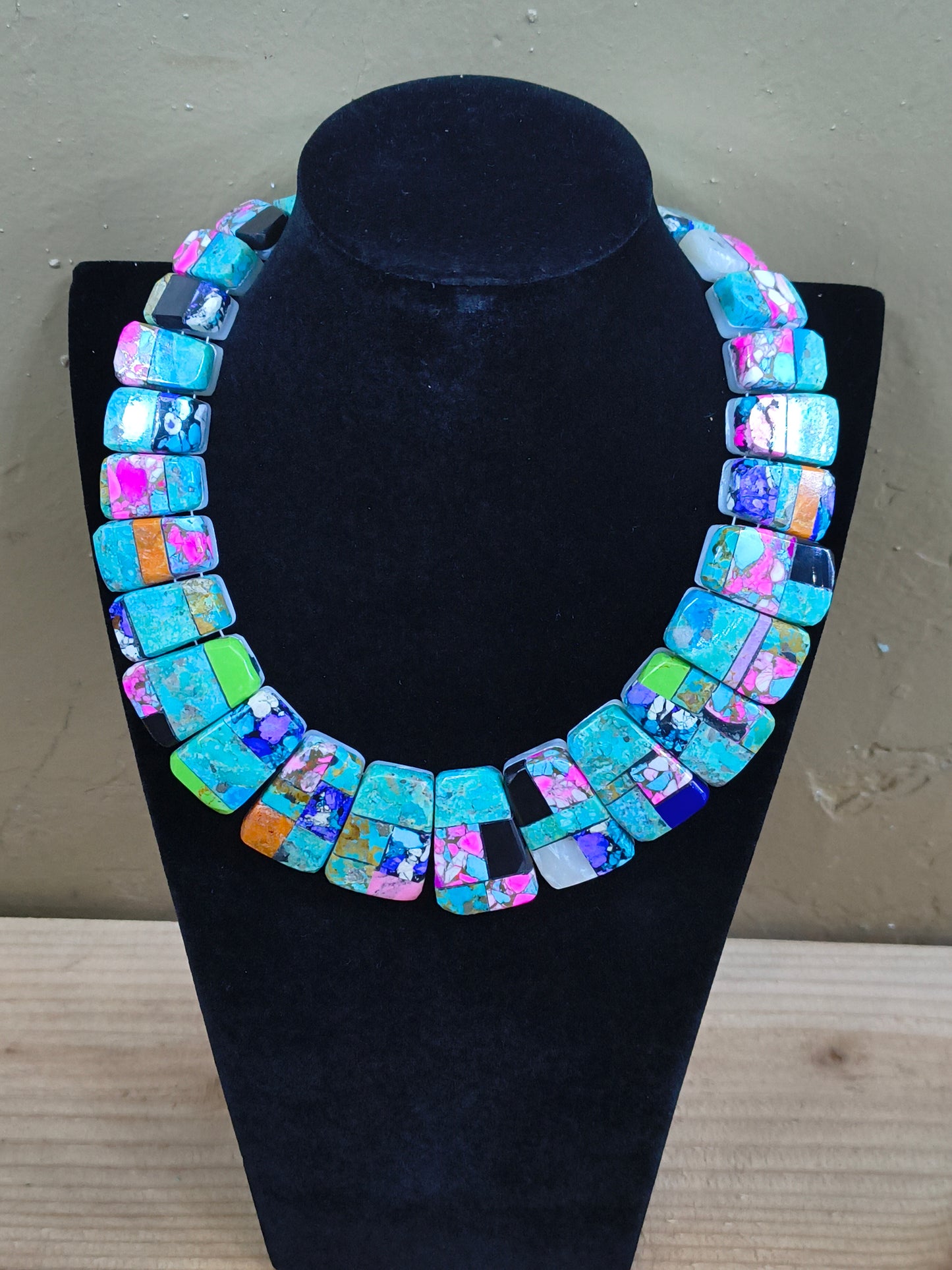 Inlay Cotton Candy, Shell, and other Stones Collar Necklace by Charles Bird