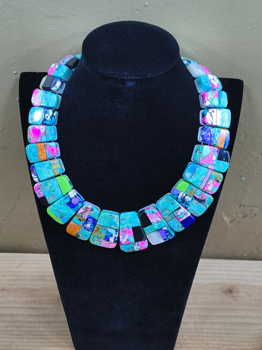 Inlay Cotton Candy, Shell, and other Stones Collar Necklace by Charles Bird