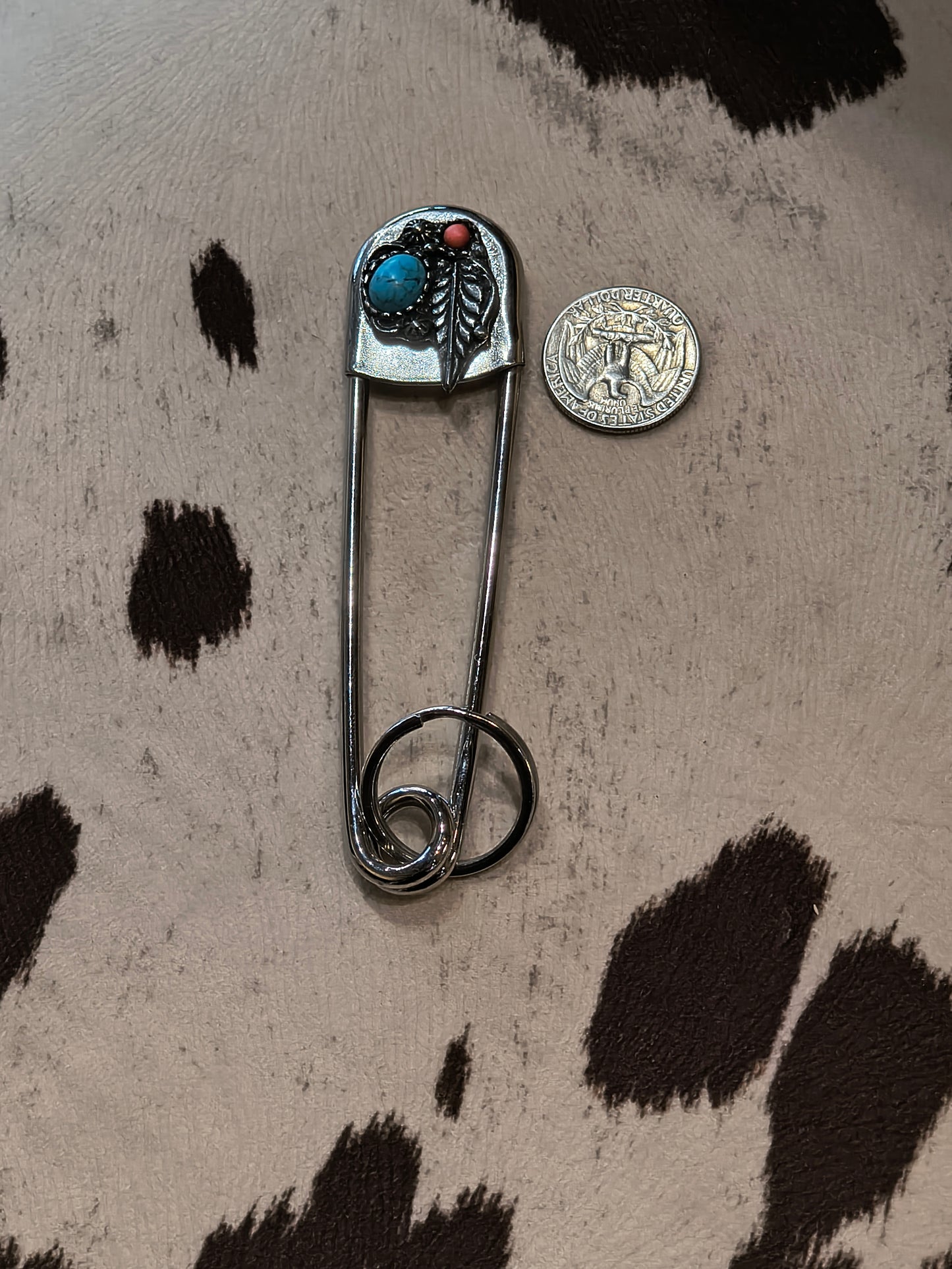 Large Turquoise & Coral Safety Pin Keychain