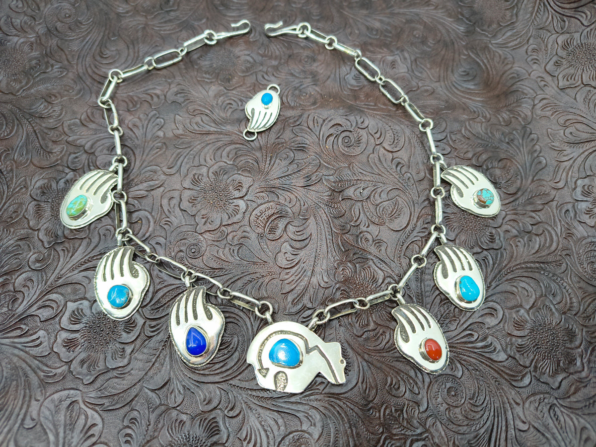 4 Piece Set by Marie Jackson, Navajo-Ring Size 8.0, 23” Handmade Chain with Sleeping Beauty Turquoise, Lapis, and Coral.