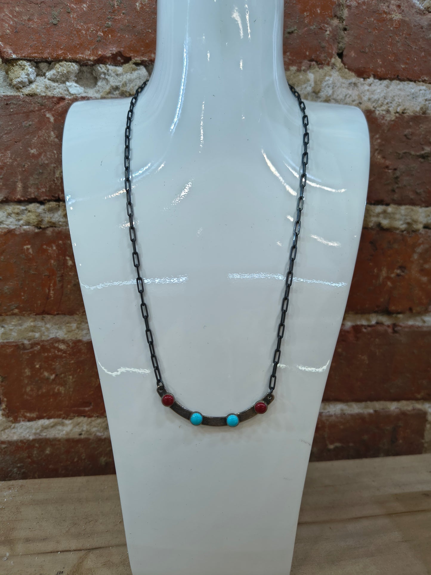 18" Dark Paperclip Curved Coral and Turquoise Necklace