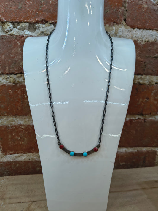 18" Dark Paperclip Curved Coral and Turquoise Necklace