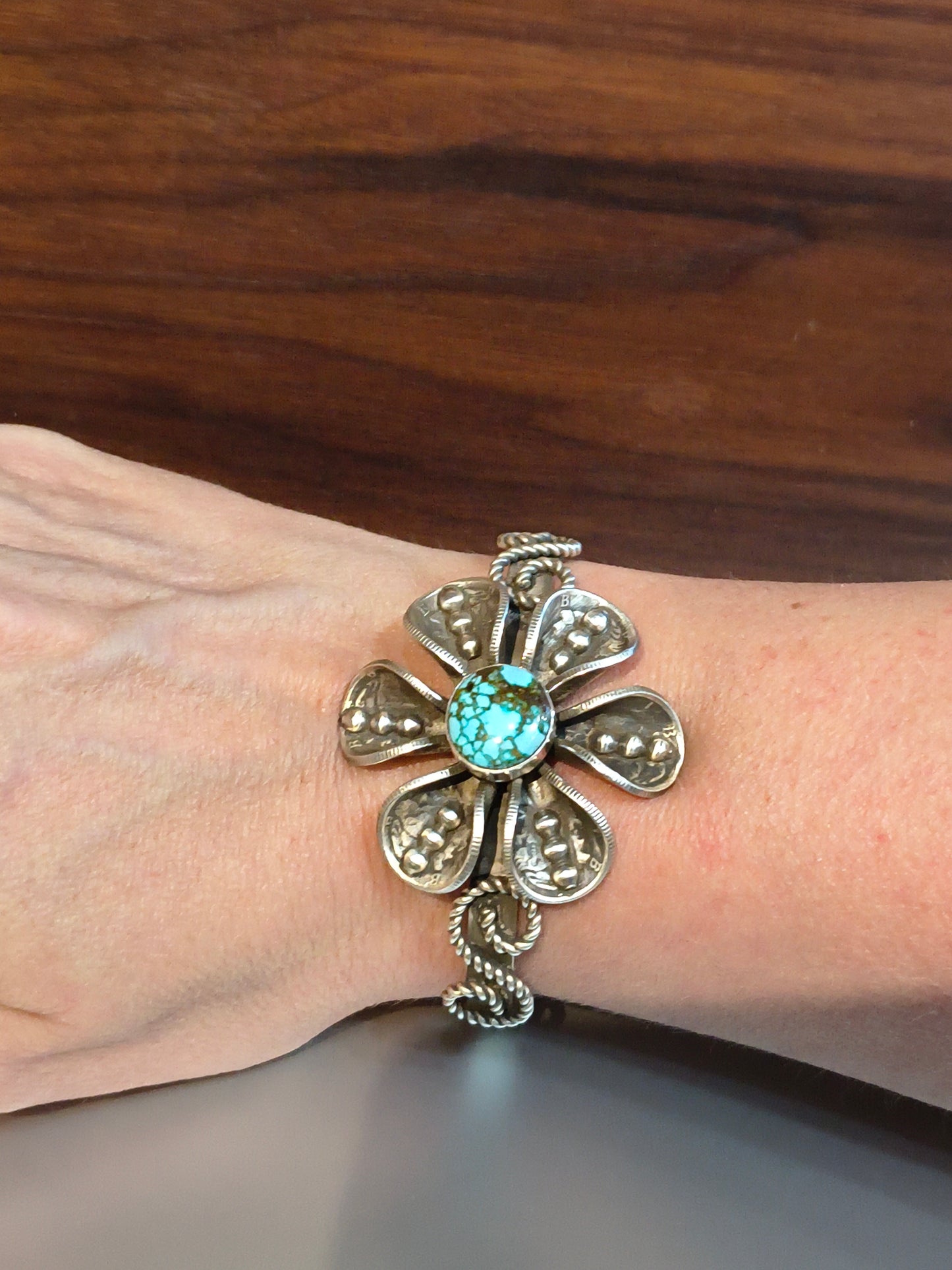 High Grade Kingman with Mercury Dime Flower Cuff by James Begay, Jr., Navajo