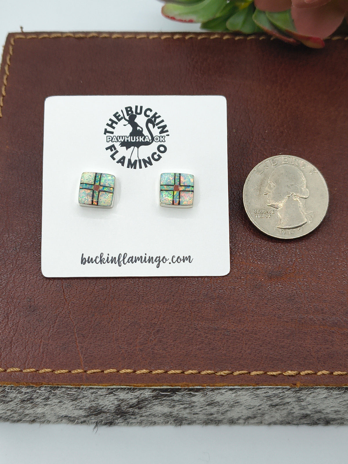 White Square Opal Post Earrings by Carey Luarkie, Zuni