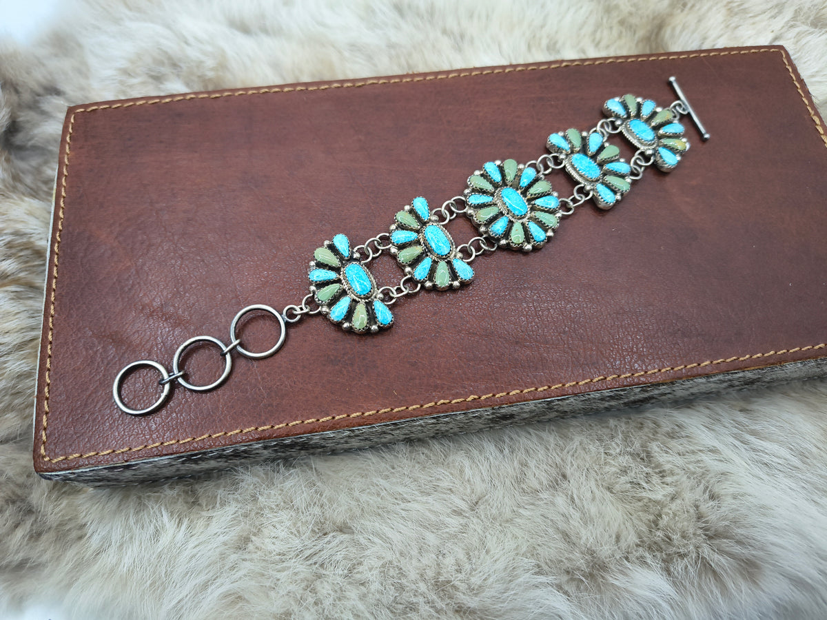 Two-tone Turquoise Cluster Link Bracelet by Alicia Wilson, Navajo