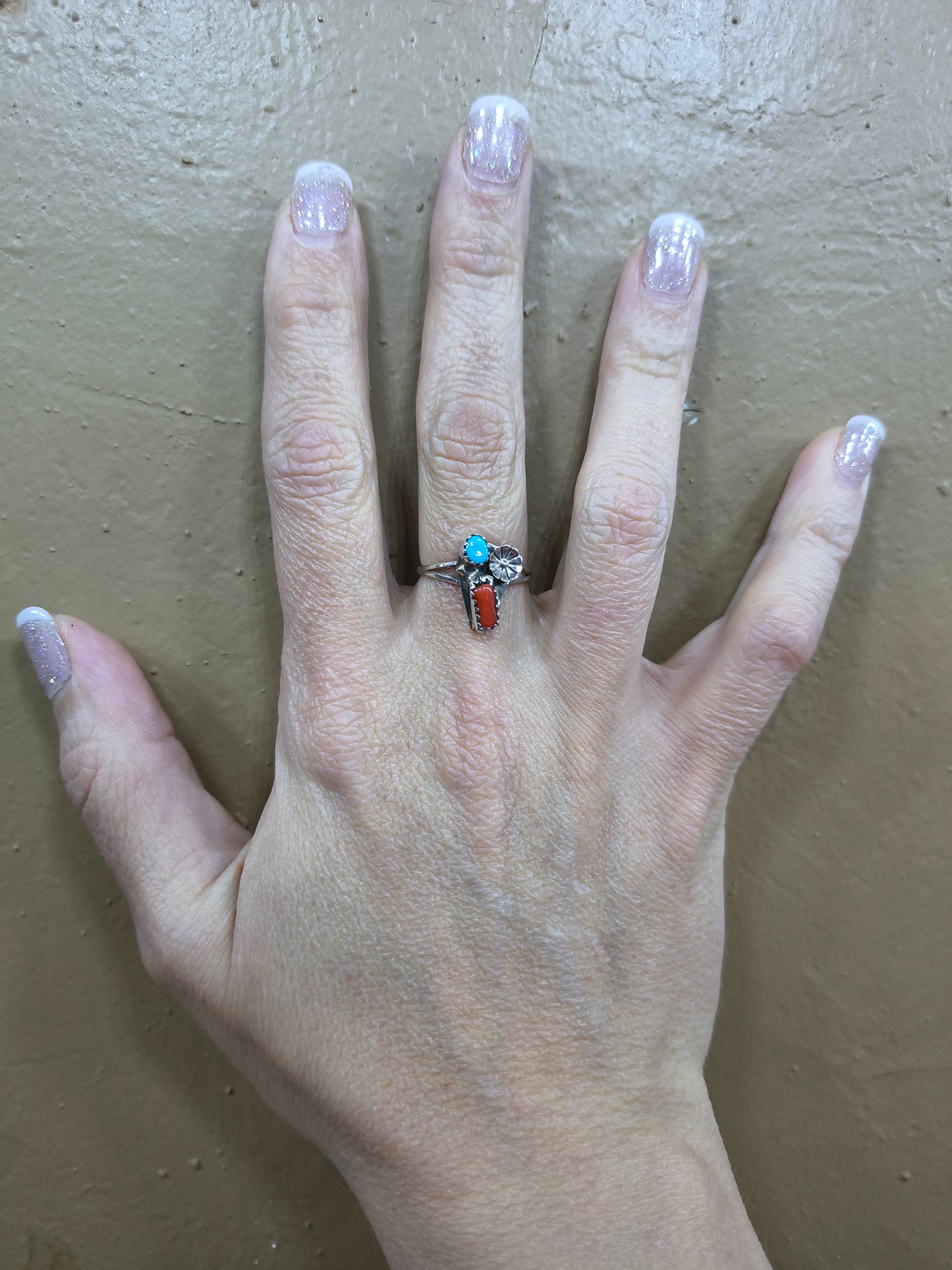 7.0 Turquoise and Coral Ring by Dorothy Yazzie, Navajo