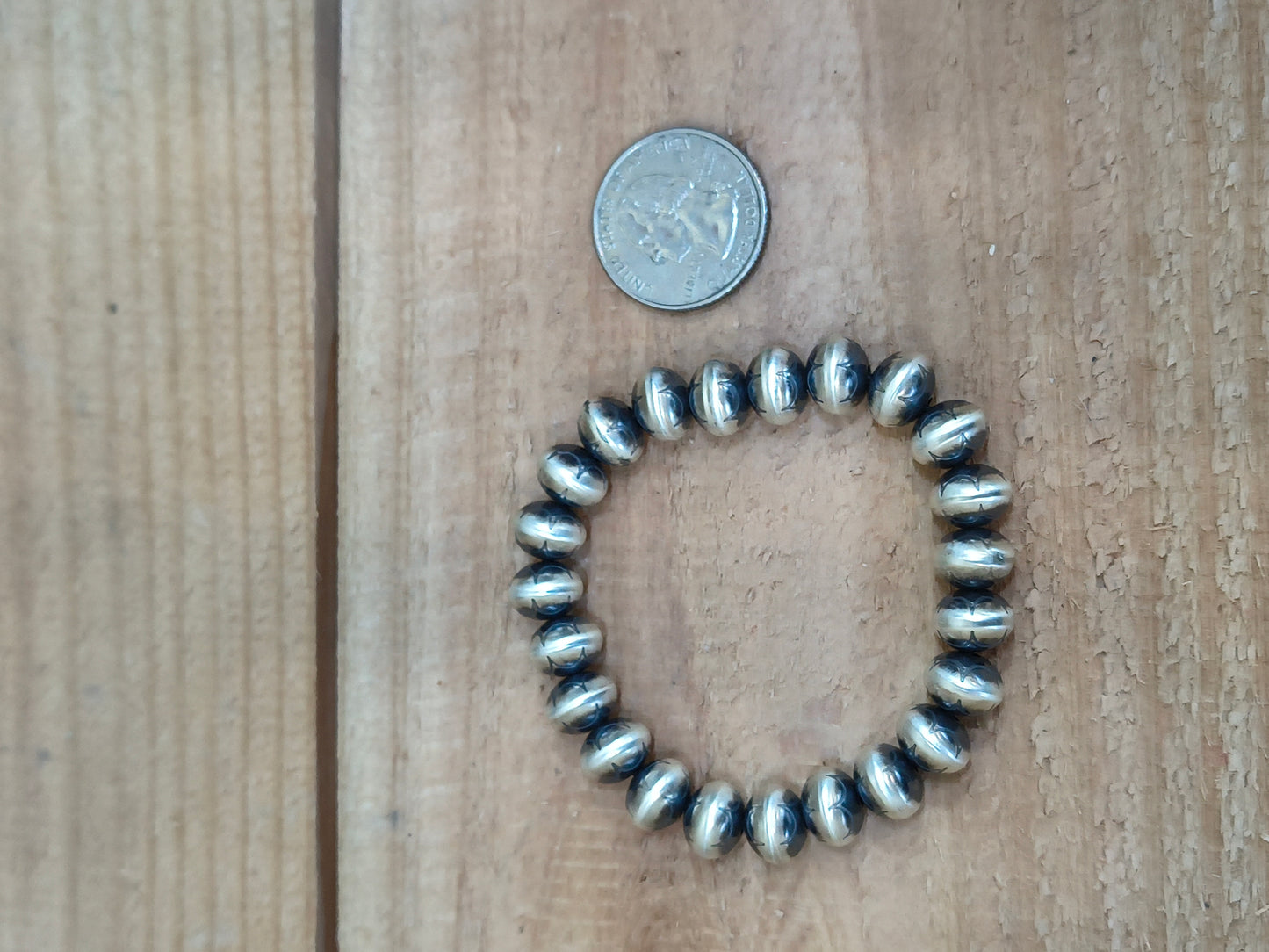 7" 10mm Navajo Handmade Stamped Pearl Stretchy Bracelet