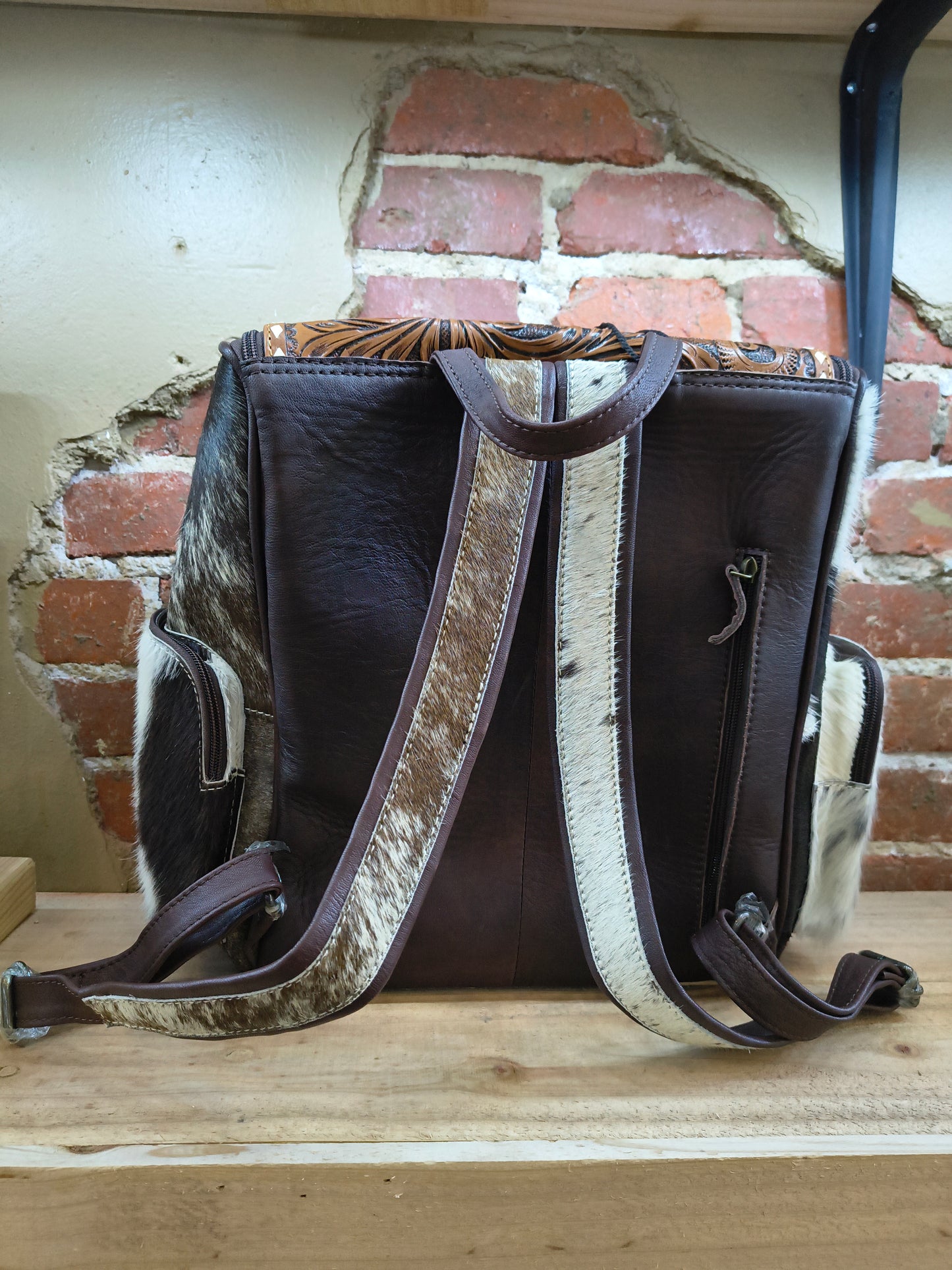 Cowboy on White Horse Leather and Cow Hide Backpack