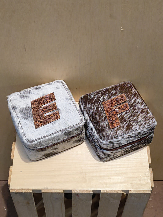 Small Square Cowhide/ Tooled Letter Jewelry Box