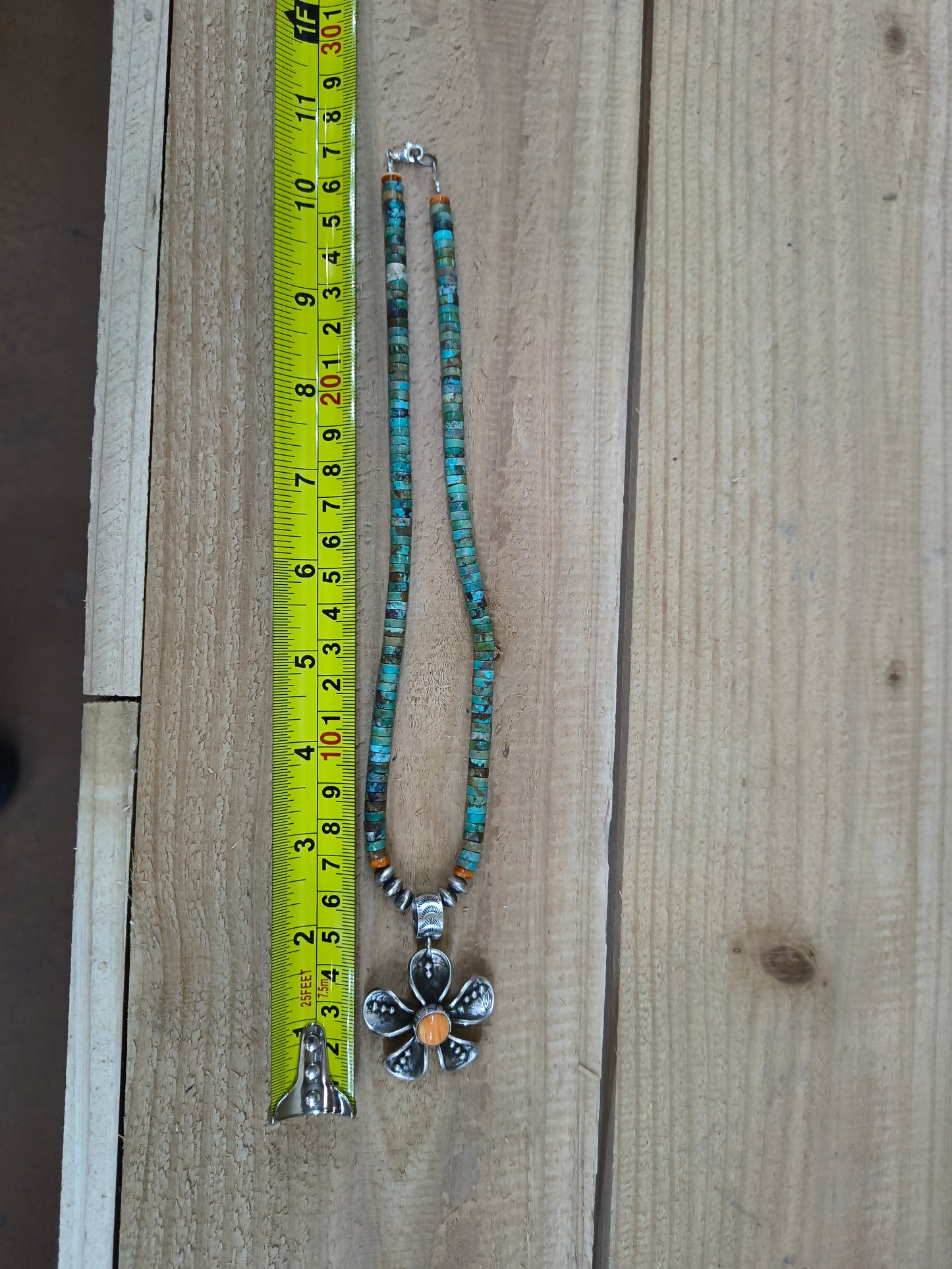 Mercury Dime Flower on 18" Turquoise Heshi Necklace by James Begay, Jr., Navajo