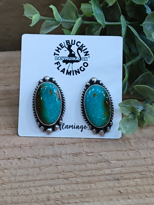 Kingman Turquoise Top Post Earrings by Elouise Kee, Navajo