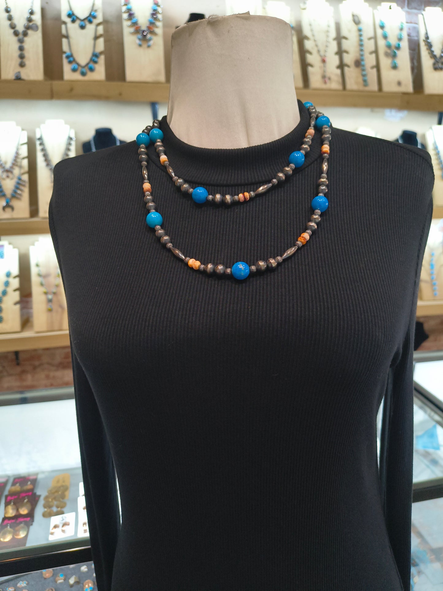 44" Navajo Style Pearls with Spiny Oyster and Turquoise Beads
