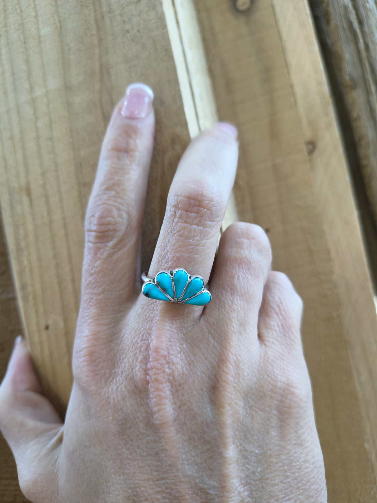 8.5 Half Cluster Inlay Turquoise Ring by Velda Nastacio, Zuni