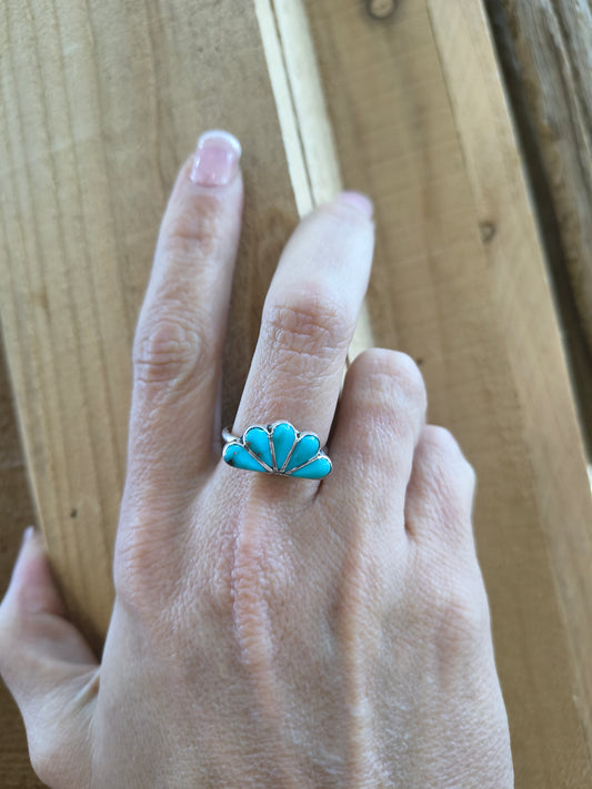 8.5 Half Cluster Inlay Turquoise Ring by Velda Nastacio, Zuni