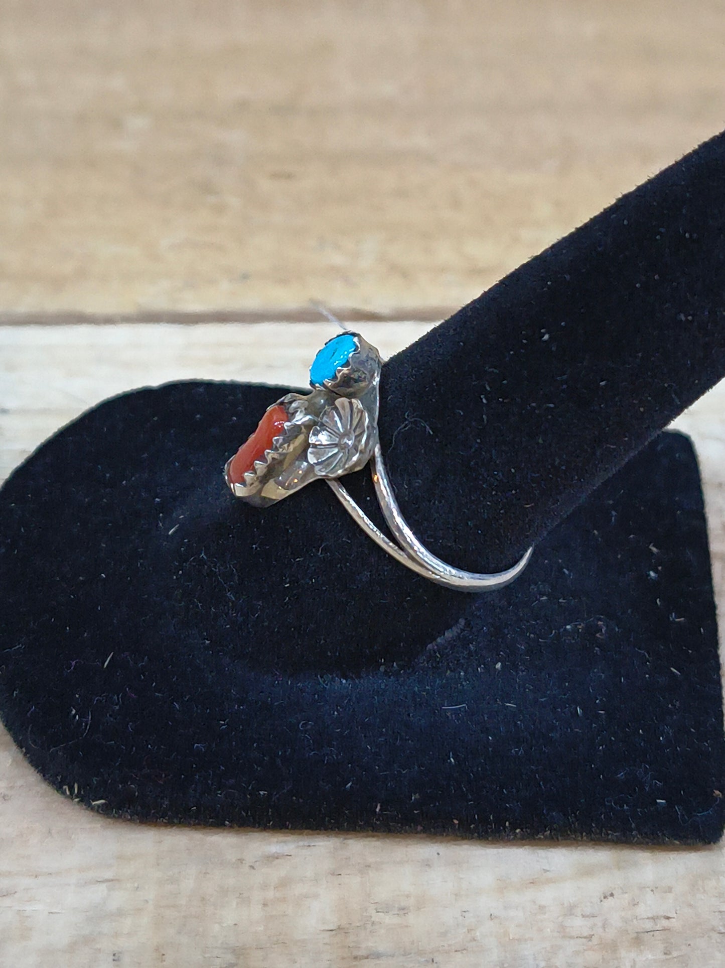 7.0 Turquoise and Coral Ring by Dorothy Yazzie, Navajo