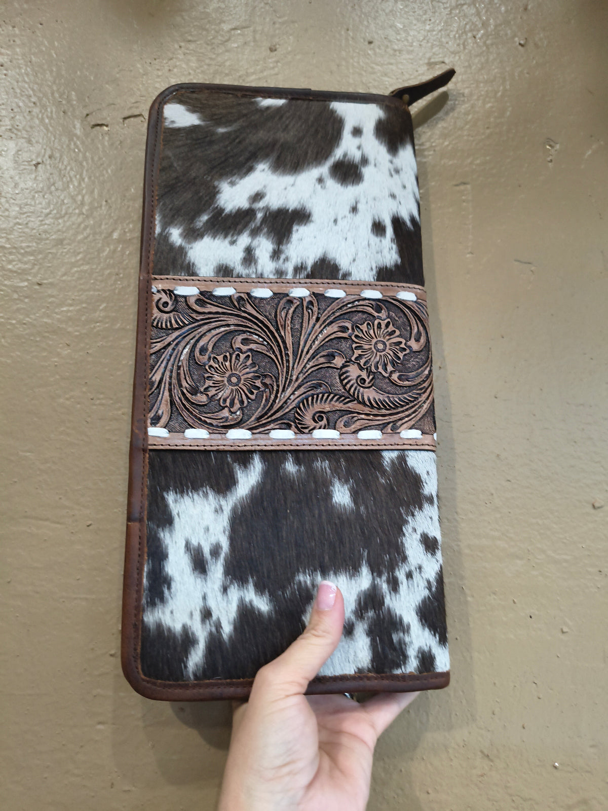 Spotted Dark Brown Tooled Leather and Cowhide Necklace Flat Jewelry Holder