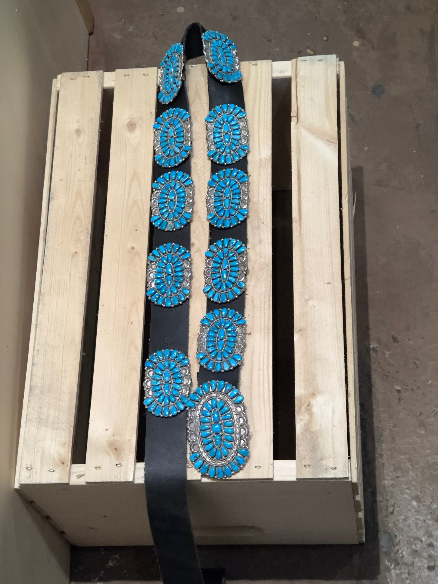 Sleeping Beauty Turquoise Cluster Teardrop 50" Leather Concho Belt