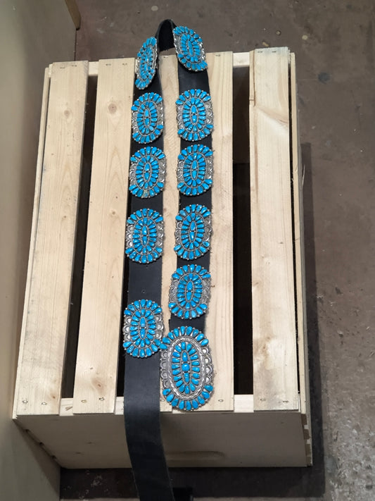 Sleeping Beauty Turquoise Cluster Teardrop 50" Leather Concho Belt