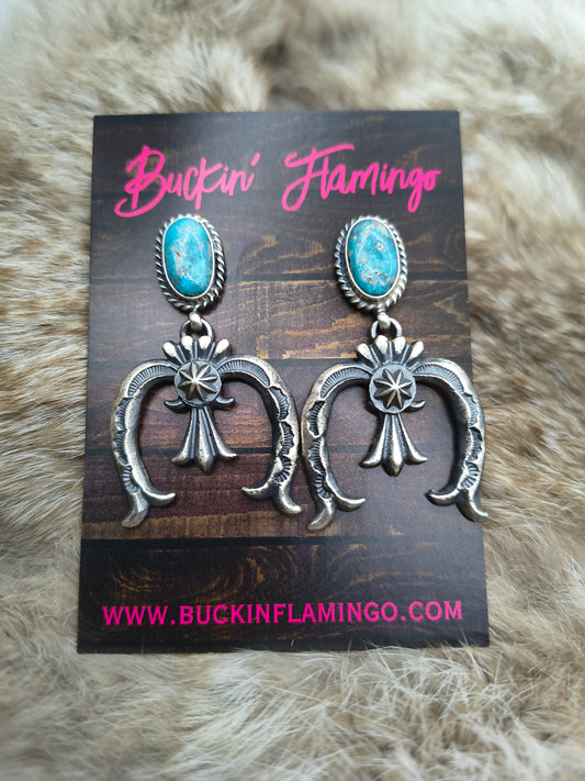 Kingman Turquoise Post Dangle Earrings by Kevan Bellah, Navajo