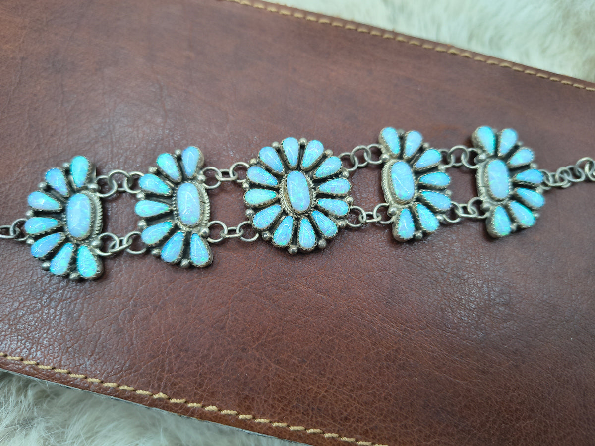 6 1/2"-7 1/4" White Opal Cluster Bracelet by Alicia Wilson, Navajo