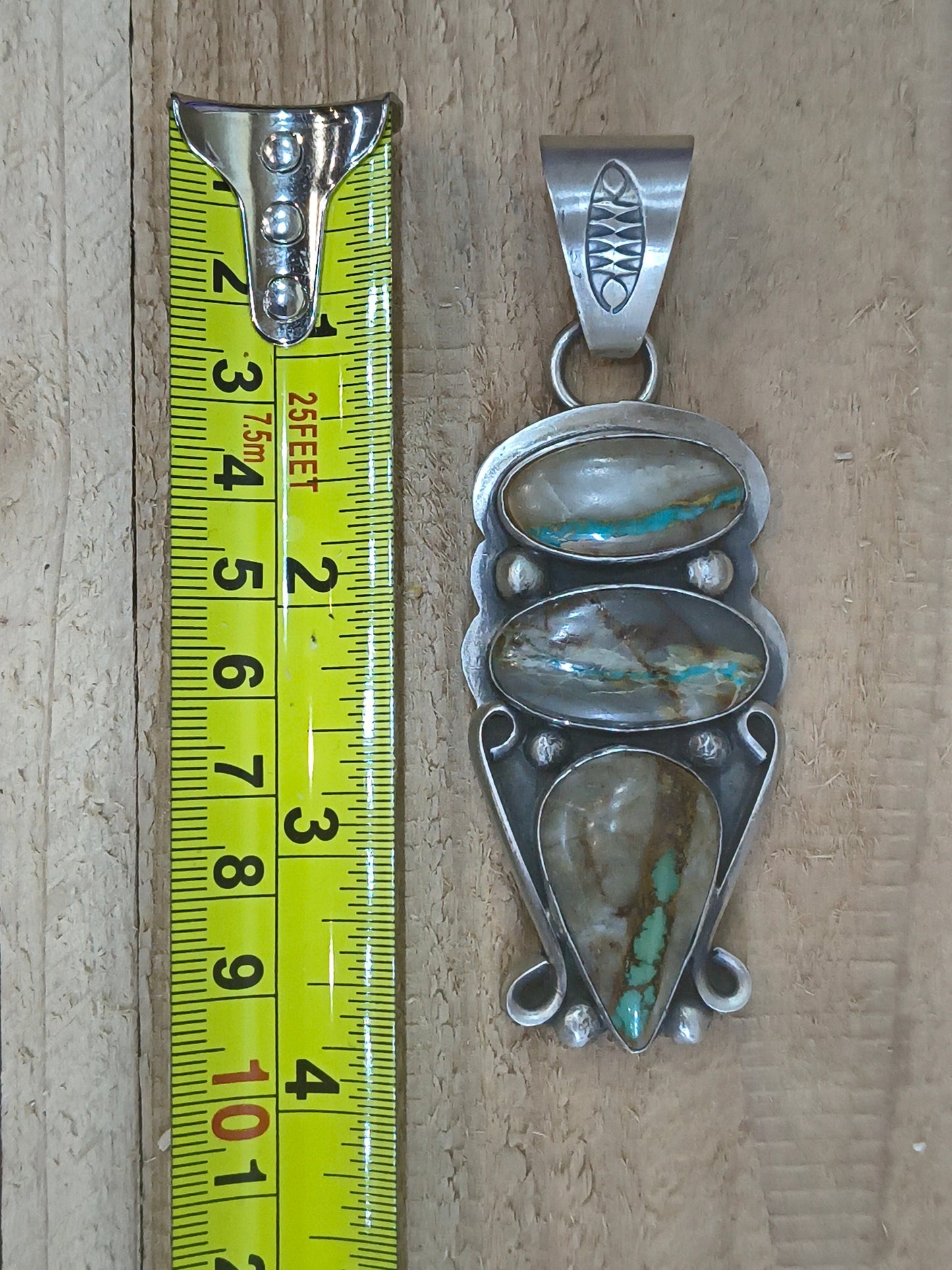 12.7mm Bail 3 Stone Boulder Ribbon Turquoise Pendant by Delbert Secatero, Navajo