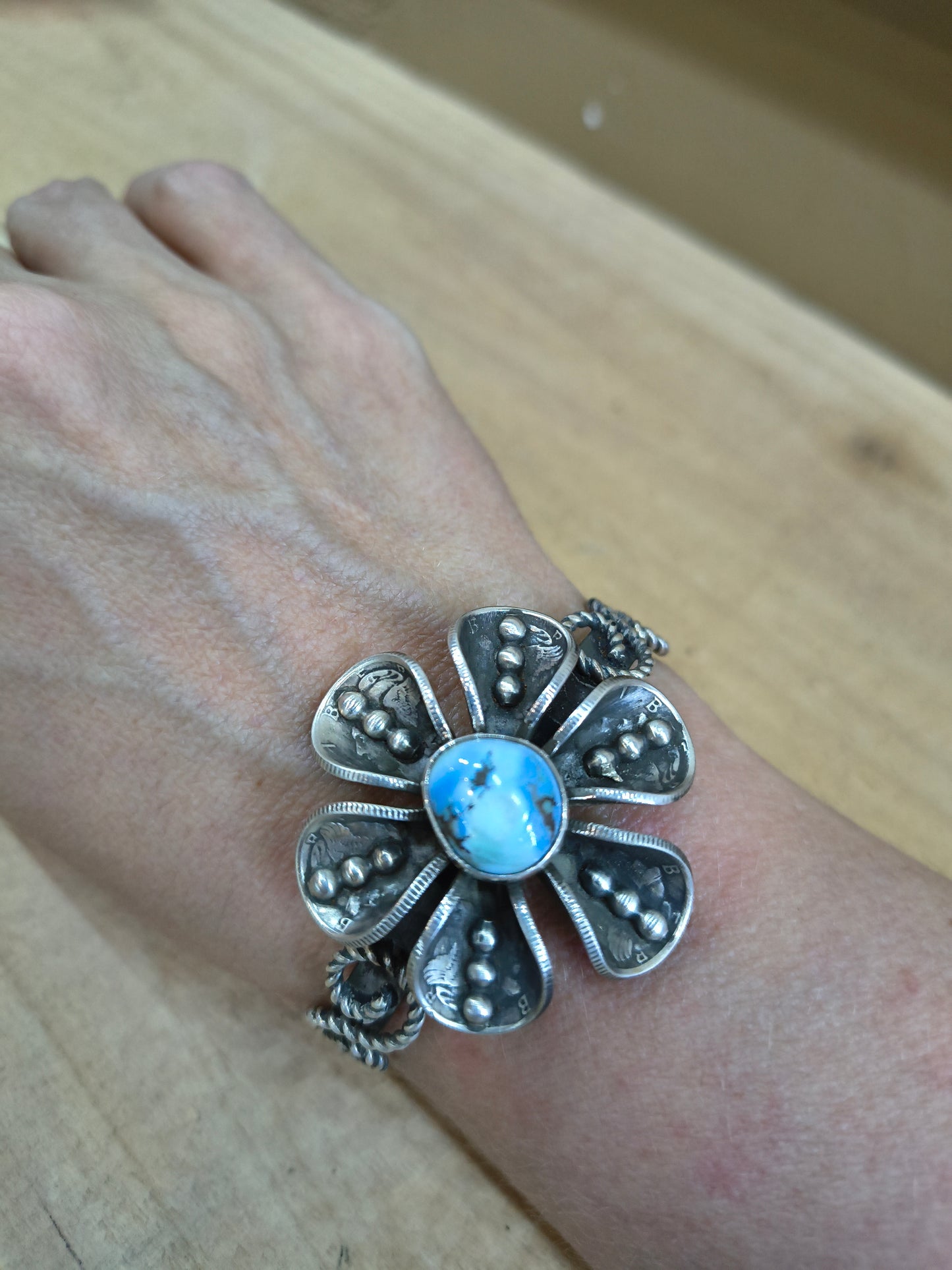 Golden Hills Turquoise with Mercury Dime Flower Cuff by James Begay, Jr., Navajo