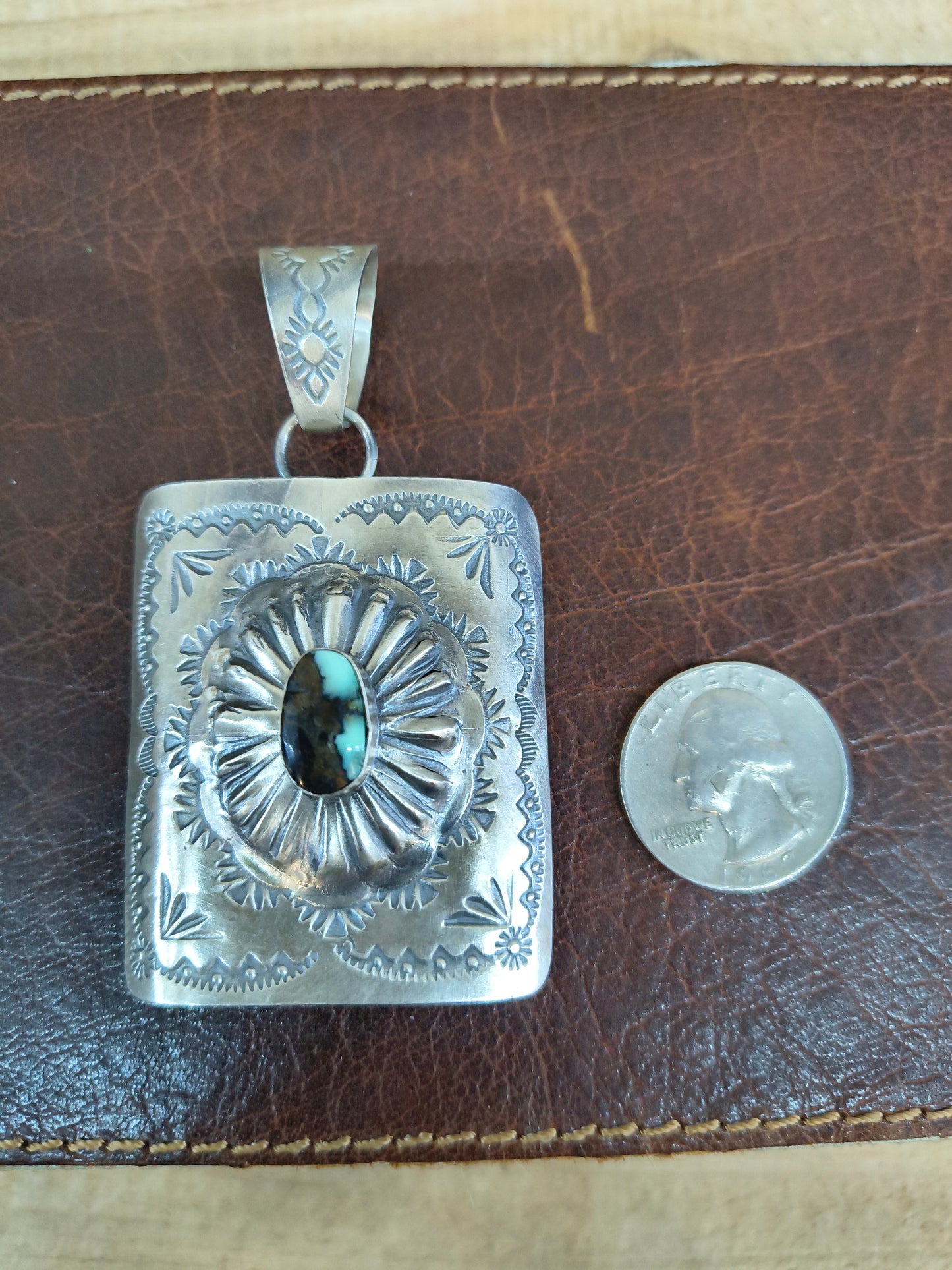 Square Concho Mantis Turquoise Pendant with a 13.5mm Bale by Delbert Secatero, Navajo