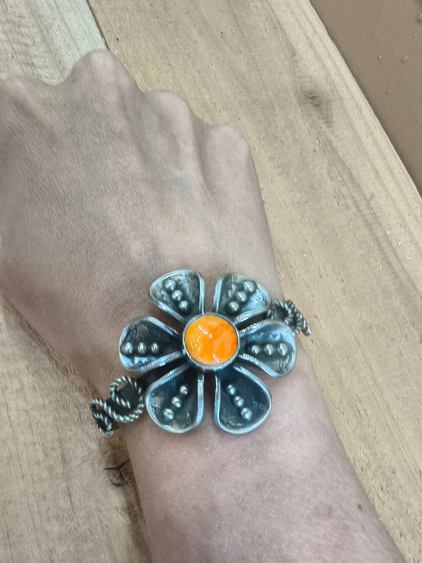 Orange Spiny Oyster Shell with Mercury Dime Flower Cuff Bracelet by James Begay, Jr., Navajo