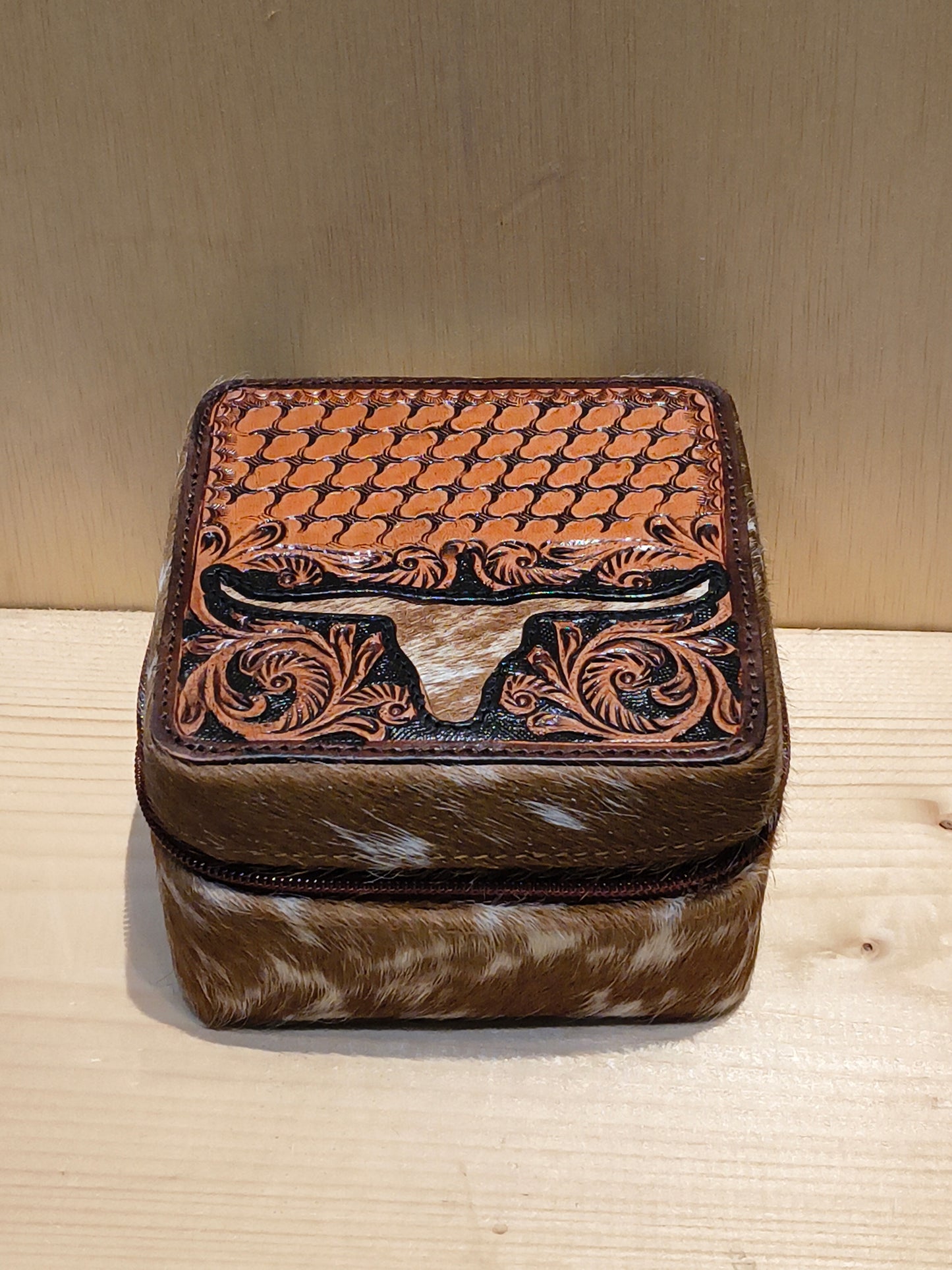 Small Square Cowhide/ Tooled Jewelry Box