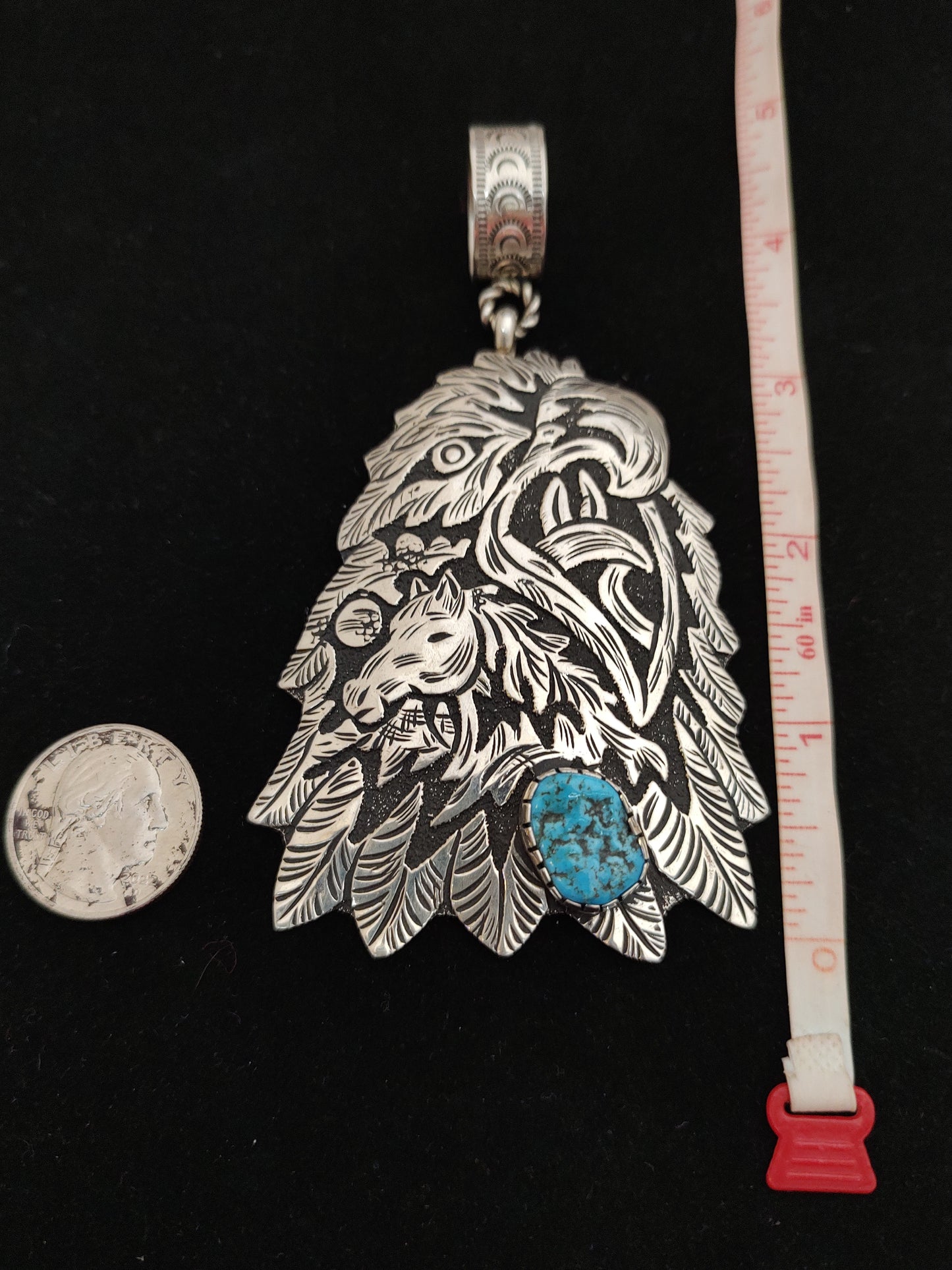 Silver Horse Inside Feather Scene with Sleeping Beauty Turquoise Pendant