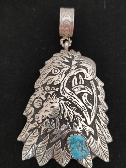 Silver Horse Inside Feather Scene with Sleeping Beauty Turquoise Pendant