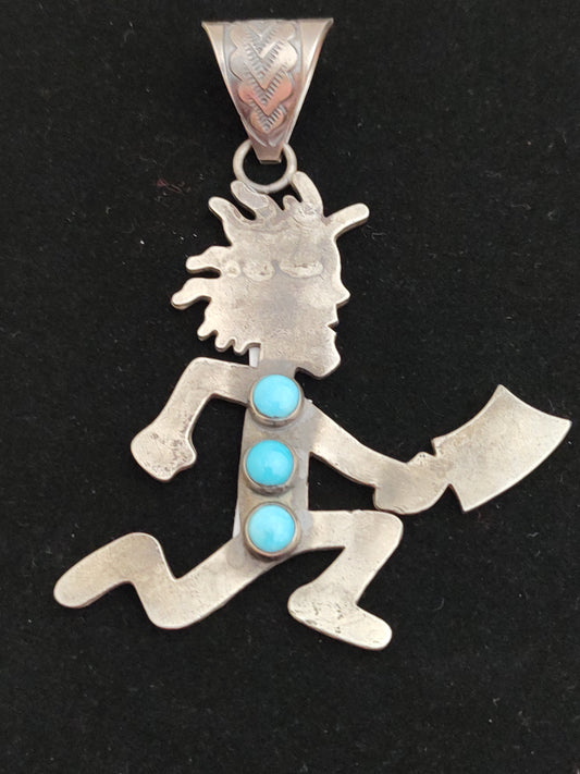 Three Stone Sleeping Beauty Turquoise Human with Ax Pendant by Zia