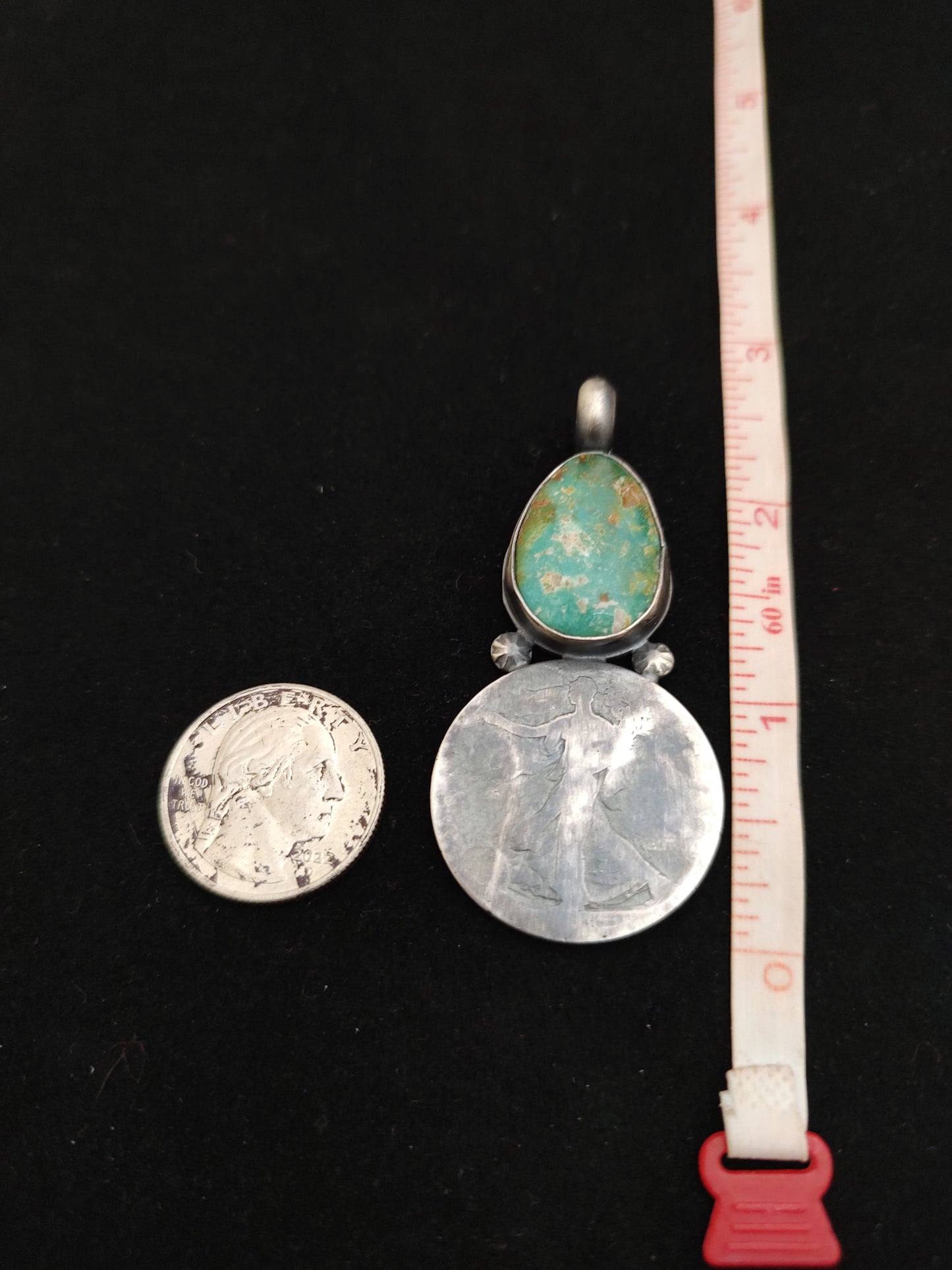 Antique Standing Liberty Half Dollar Coin with Teardrop Royston Turquoise Pendant