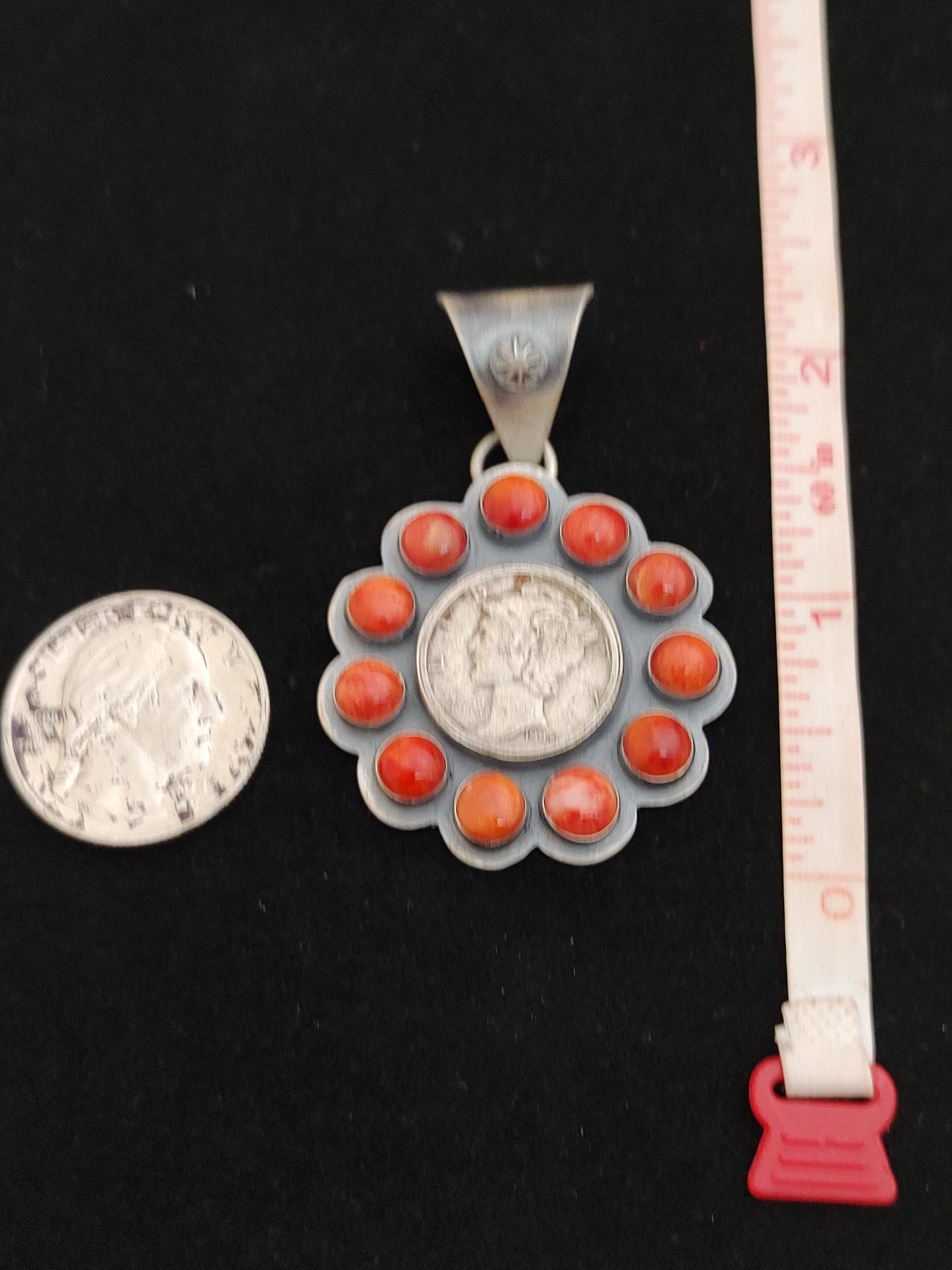 1945 Mercury Dime Coin with Round Dark Orange Spiny Oyster Pendant