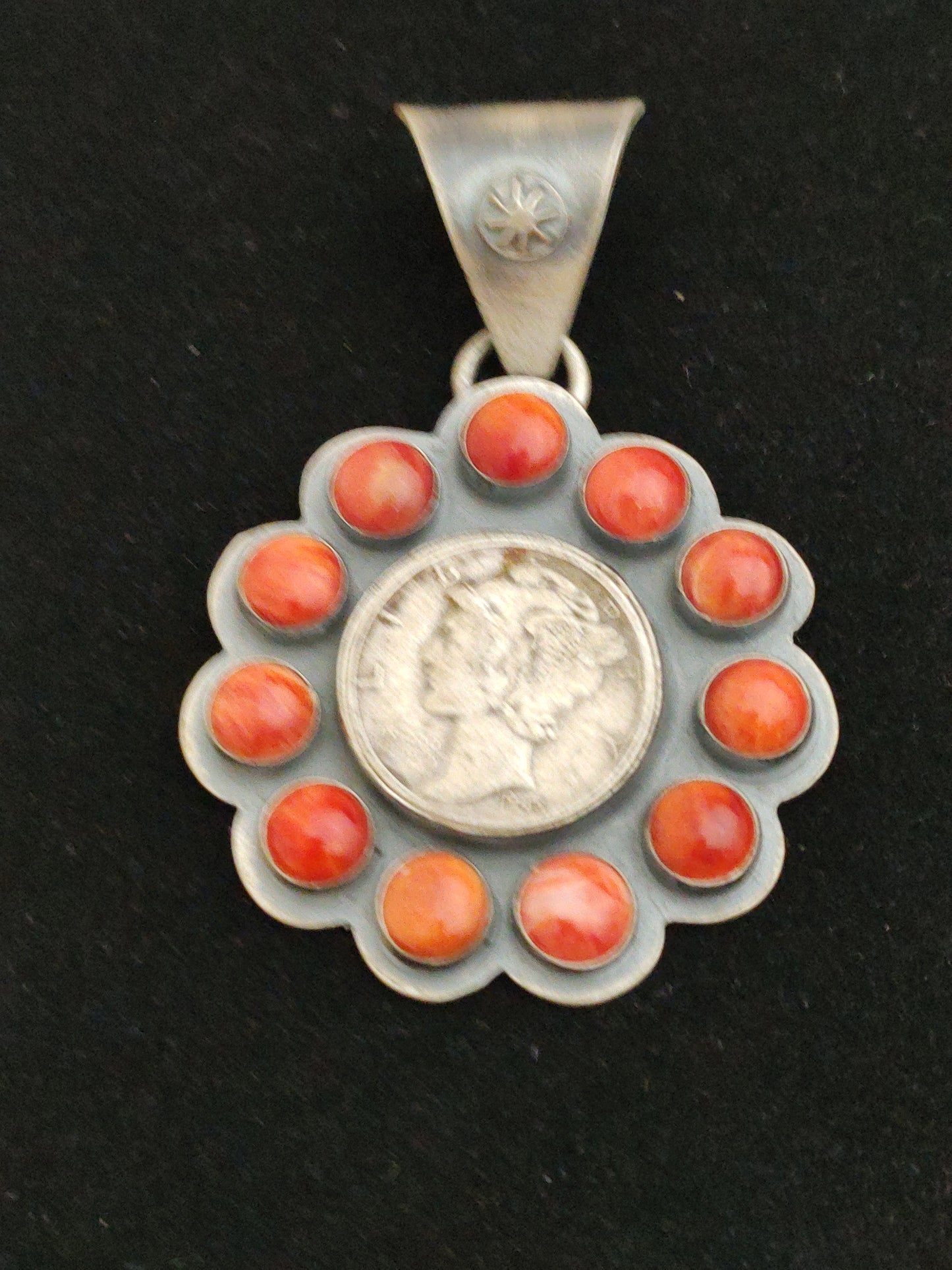 1945 Mercury Dime Coin with Round Dark Orange Spiny Oyster Pendant