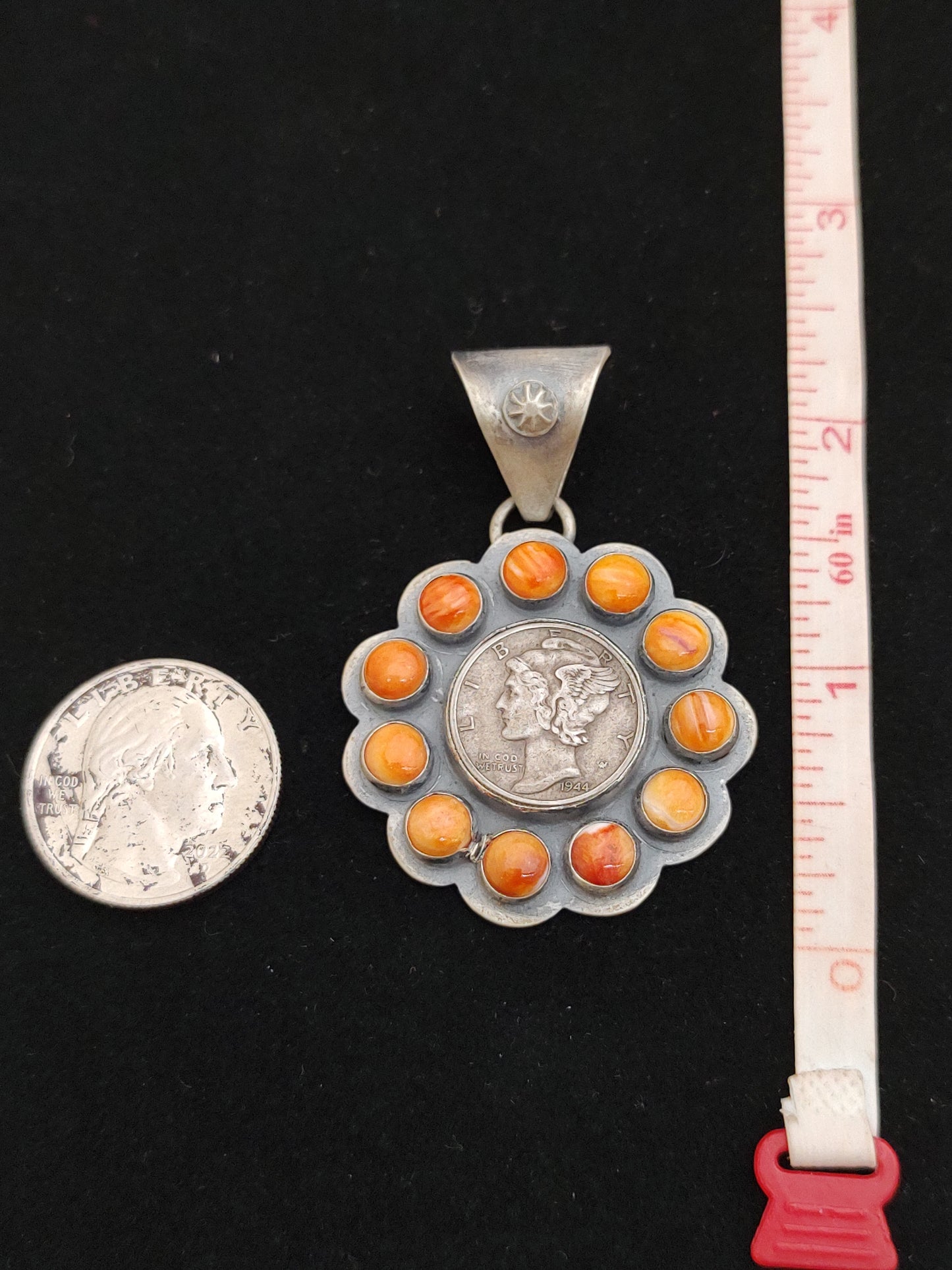 1944 Mercury Dime Coin with Round Orange Spiny Oyster Pendant