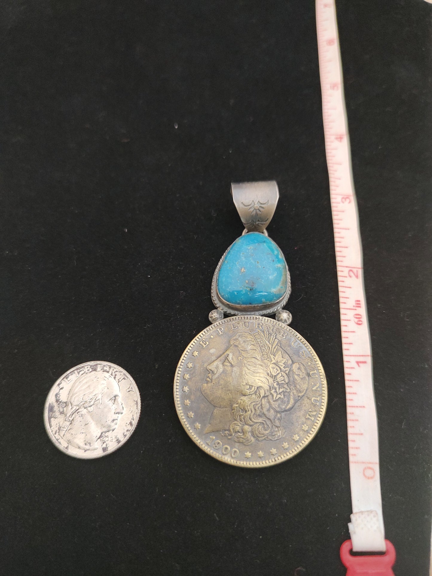 Silver Dollar Coin with Kingman Turquoise Pendant