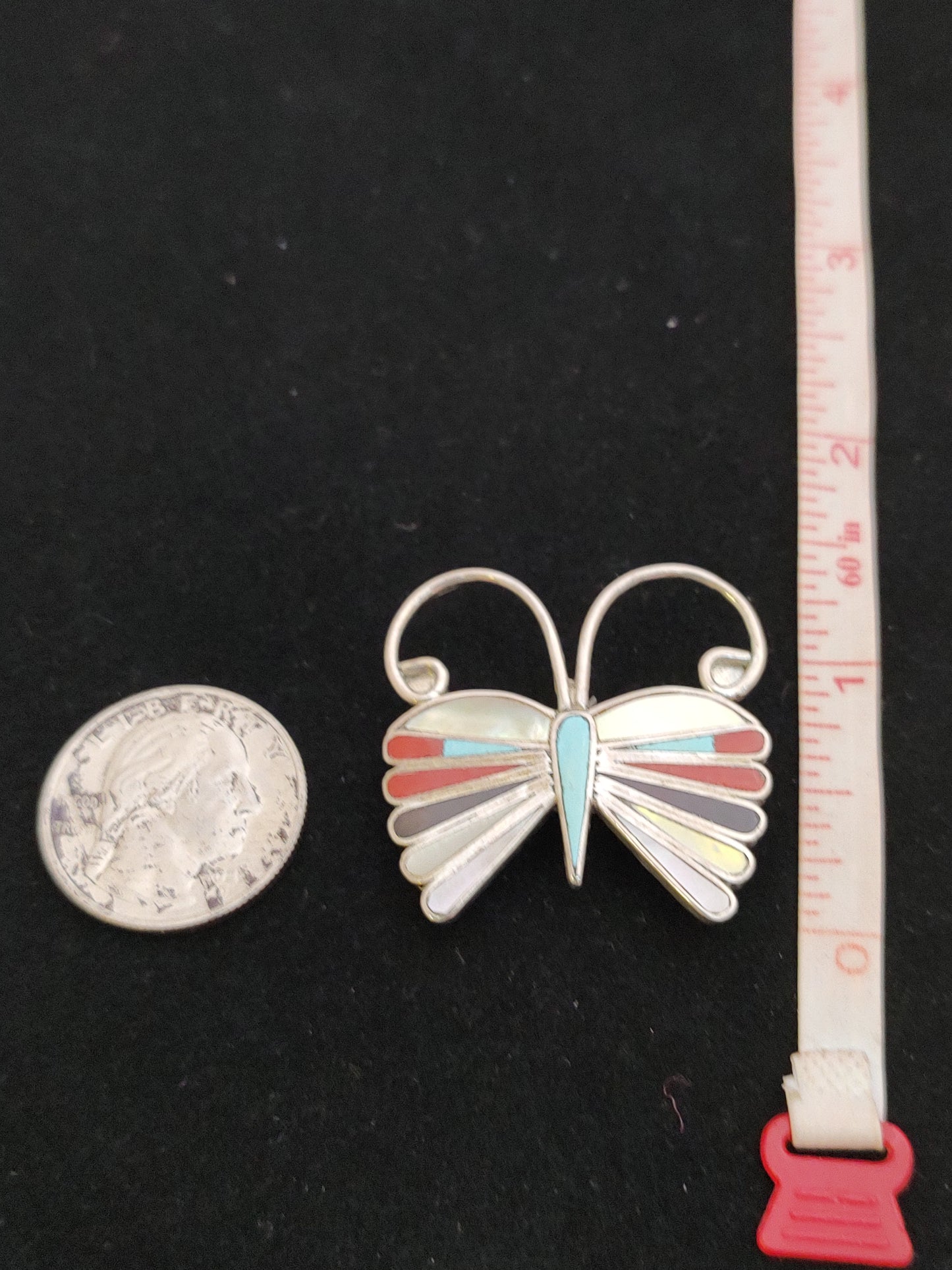 Butterfly Mother of Pearl, Coral, Black Jet, and Turquoise Inlay in Pin/Pendant