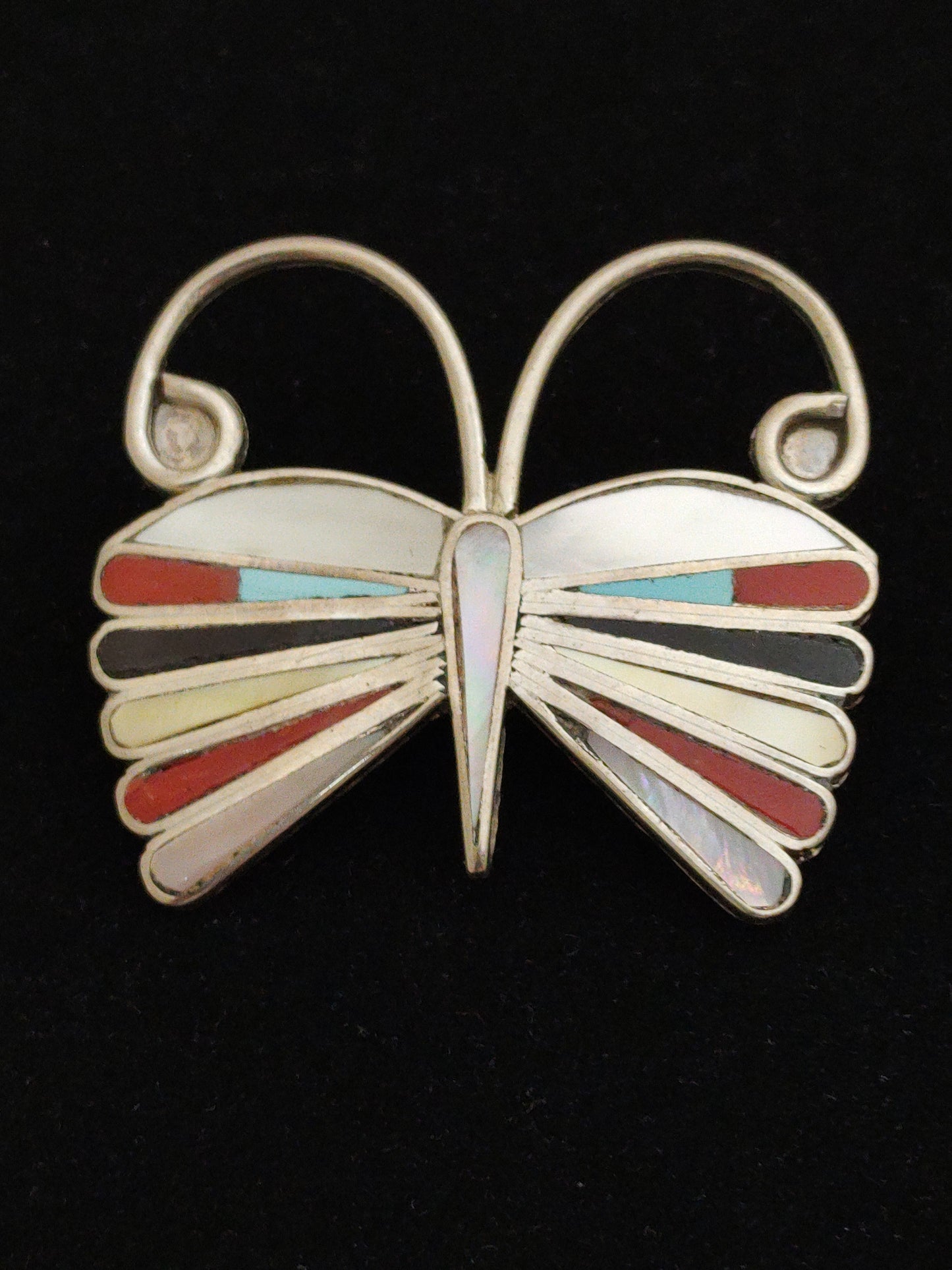 Butterfly Mother of Pearl, Coral, Black Jet, and Turquoise Inlay in Pin/Pendant
