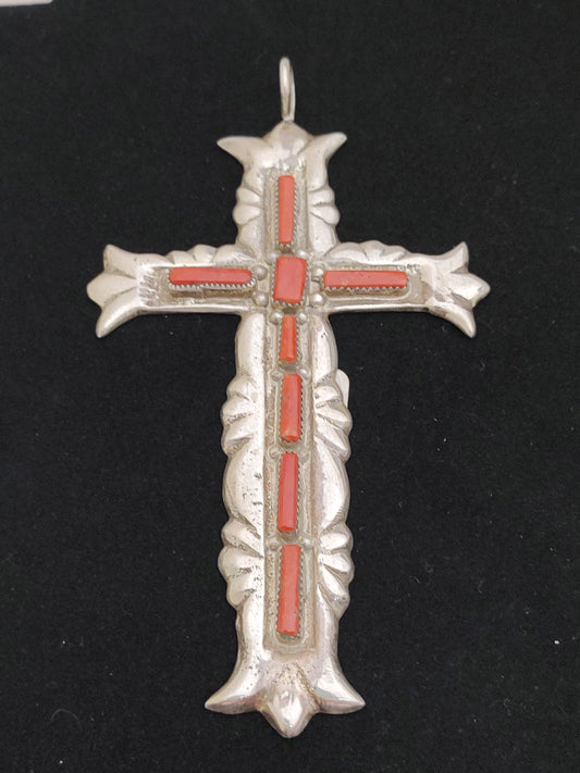 Natural Italian Coral Large Cross Pendant by G & L Leekity, Zuni