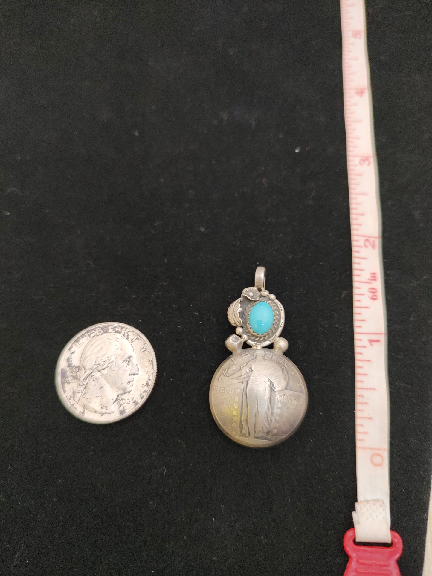 Antique Silver Quarter Coin with Sleeping Beauty Turquoise Pendant