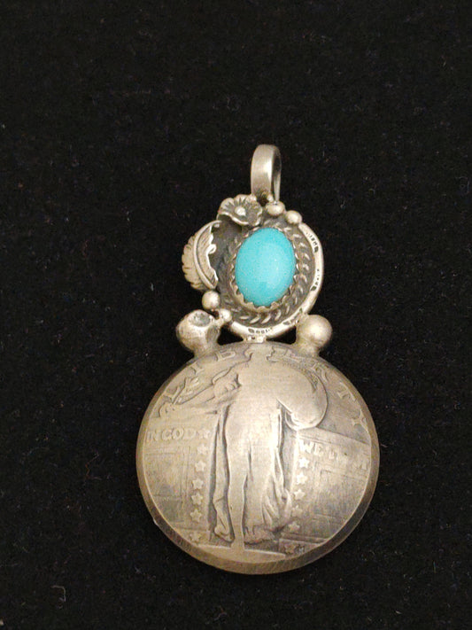 Antique Silver Quarter Coin with Sleeping Beauty Turquoise Pendant