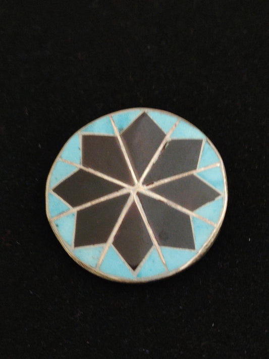 Round Black Jet and Turquoise Inlay in Pin/Pendant/Brooch