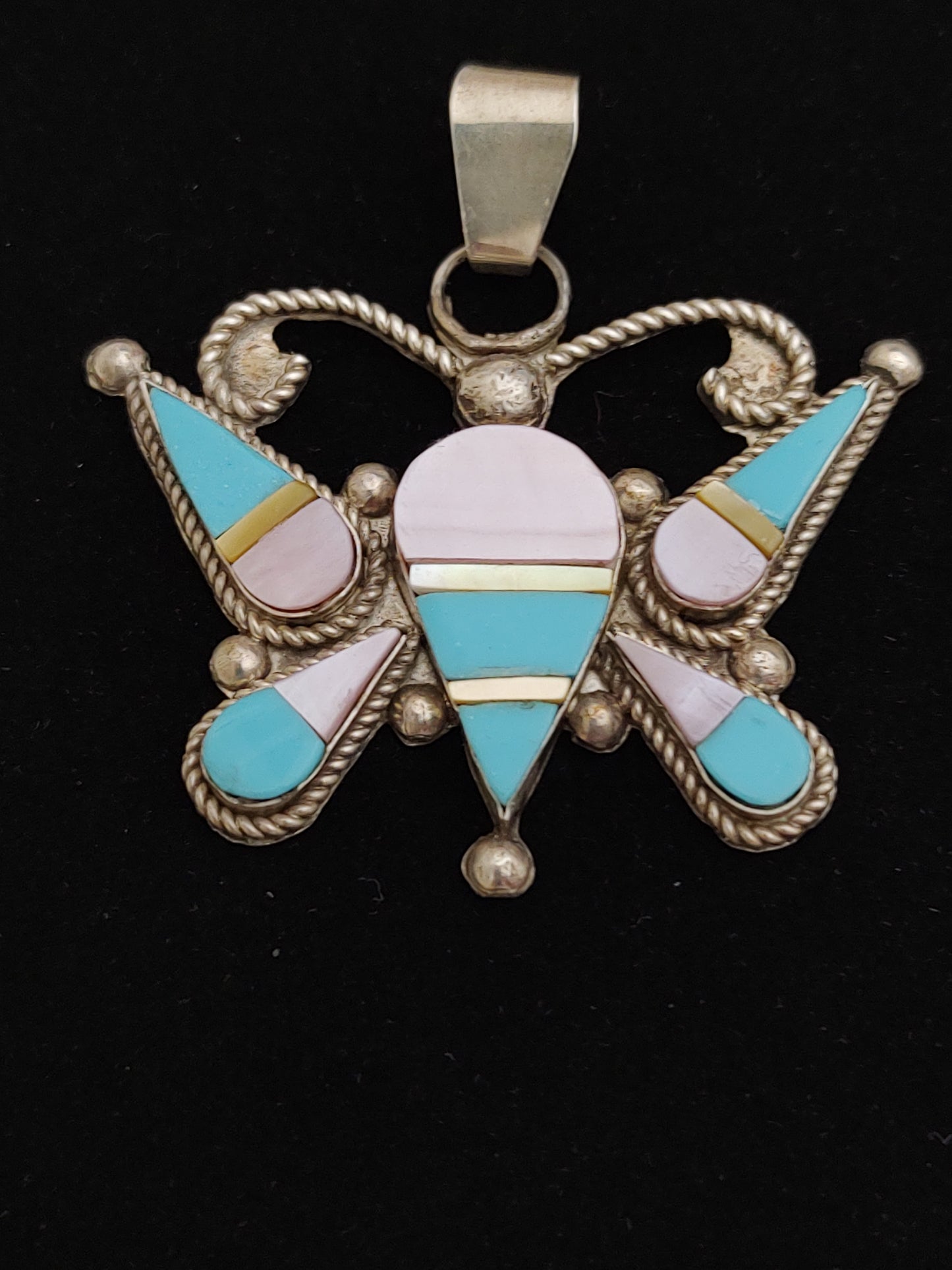 Mother of Pearl, Pink Mother of Pearl, and Turquoise Inlay in Butterfly Pendant
