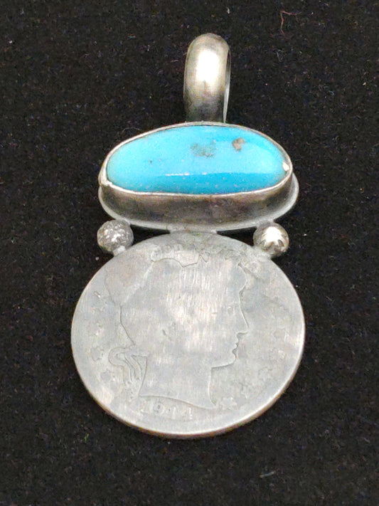1914 Silver Quarter Coin with Kingman Turquoise Pendant