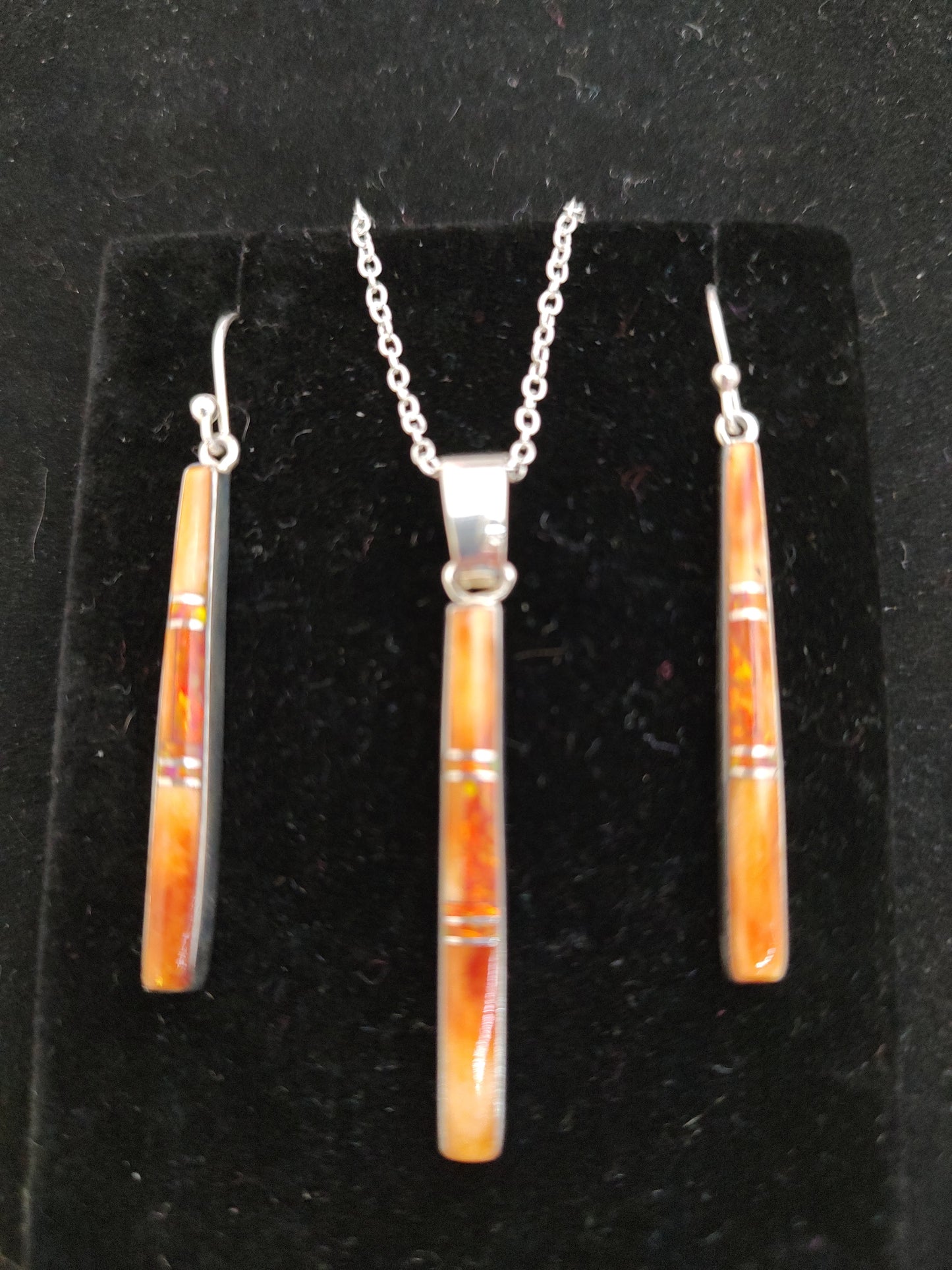 Spiny Oyster with Orange Opal Zuni Inlay Pedant and Earring Set with 18 inch Silver Necklace - Matching Set