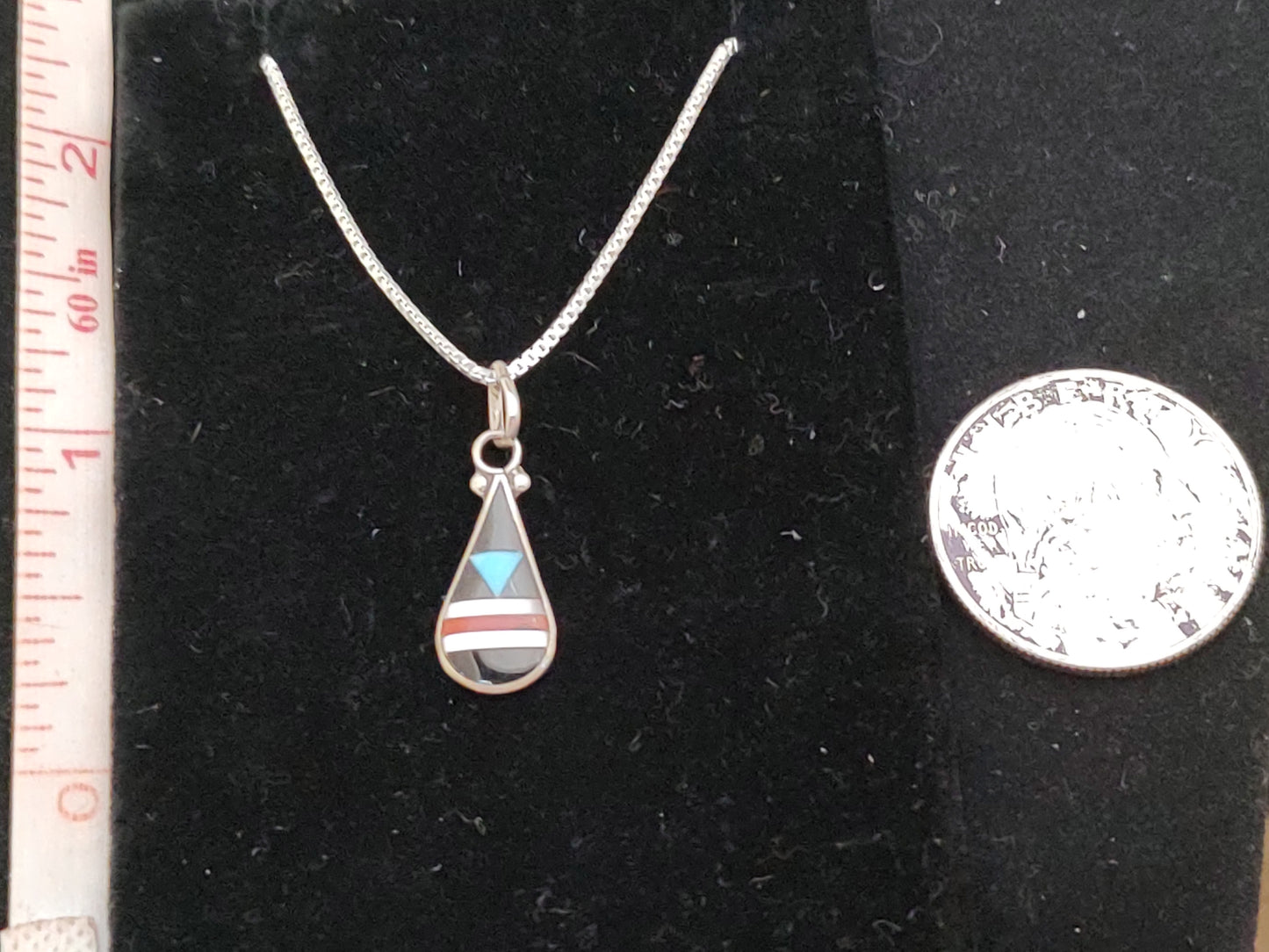 Inlay Zuni Teardrop Pendant with Silver 16 Inch Silver Necklace