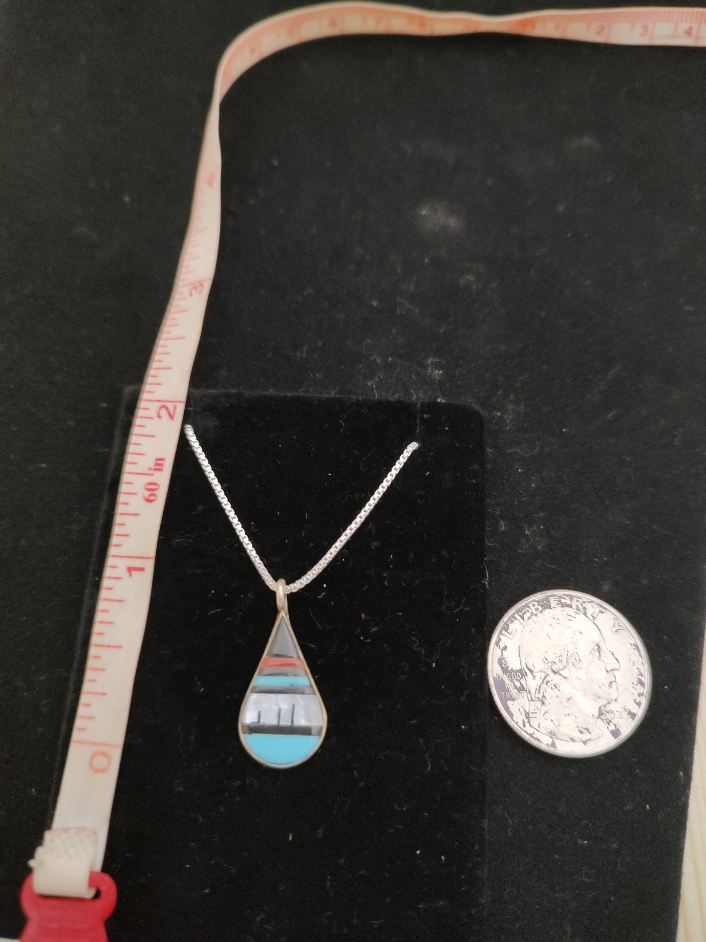 Inlay Zuni Teardrop Pendant with Silver 16 Inch Silver Necklace