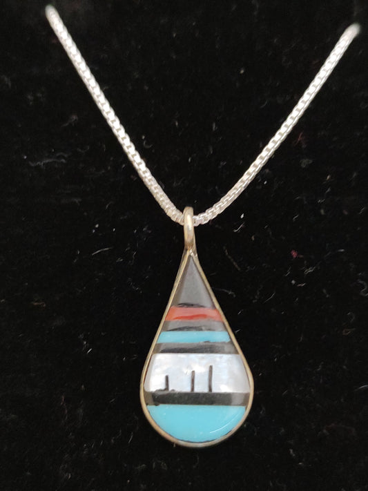 Inlay Zuni Teardrop Pendant with Silver 16 Inch Silver Necklace
