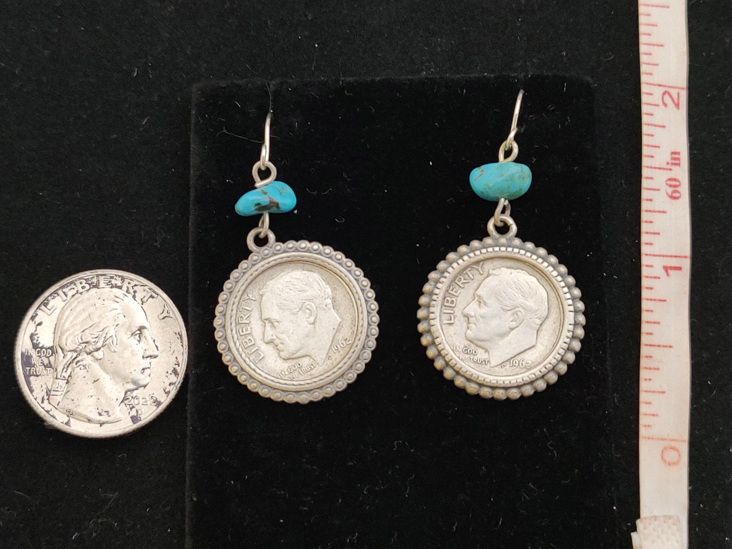 Dime in Sterling Silver with a Turquoise Dangle Earring